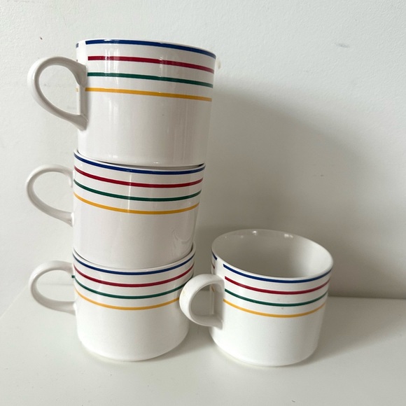 Other - Ranmaru White Ceramic Mugs with Blue, Red, Green & Yellow Stripes - Set of 4